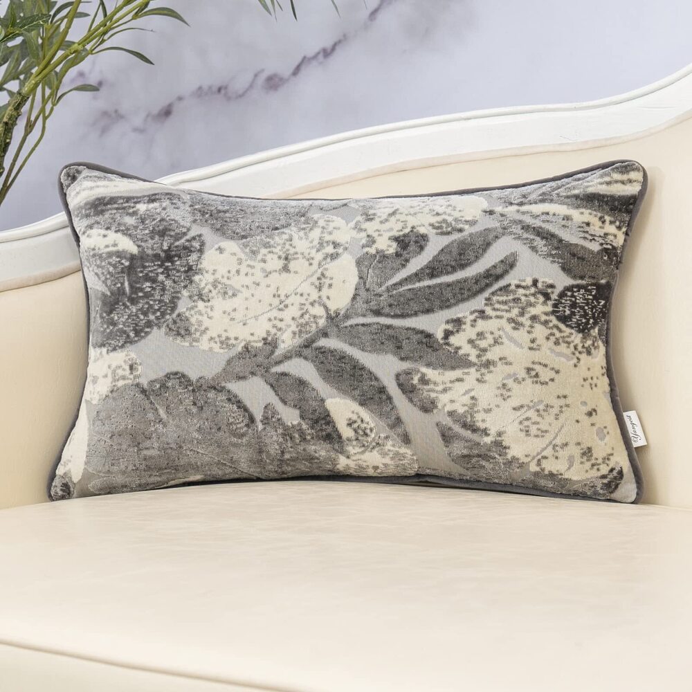 8796 Grey Leaf Rectangle Pillow Cover Cut Velvet Cushion Cover Luxury